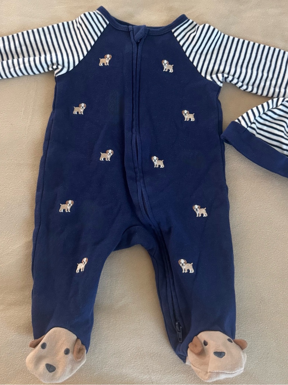 Little Me Navy Striped Sleeve Puppy Embroidered Footed One-Piece